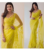 Yellow net embroidered saree