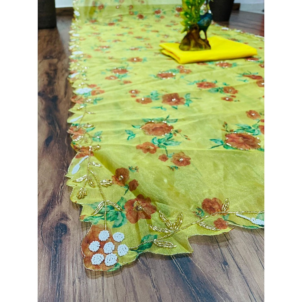 Yellow organza handworked and digital printed ceremonial saree