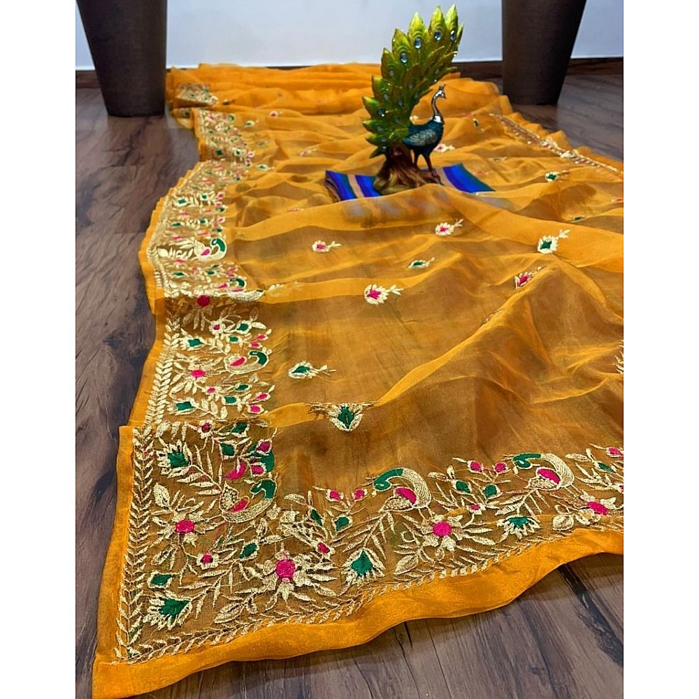 Yellow organza thread work festive saree