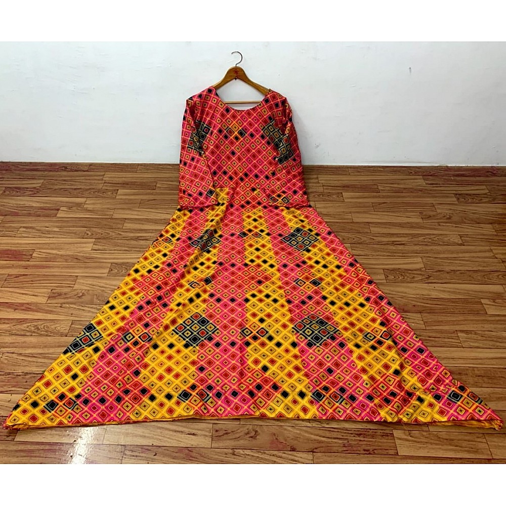 Yellow poly rayon printed long festival gown