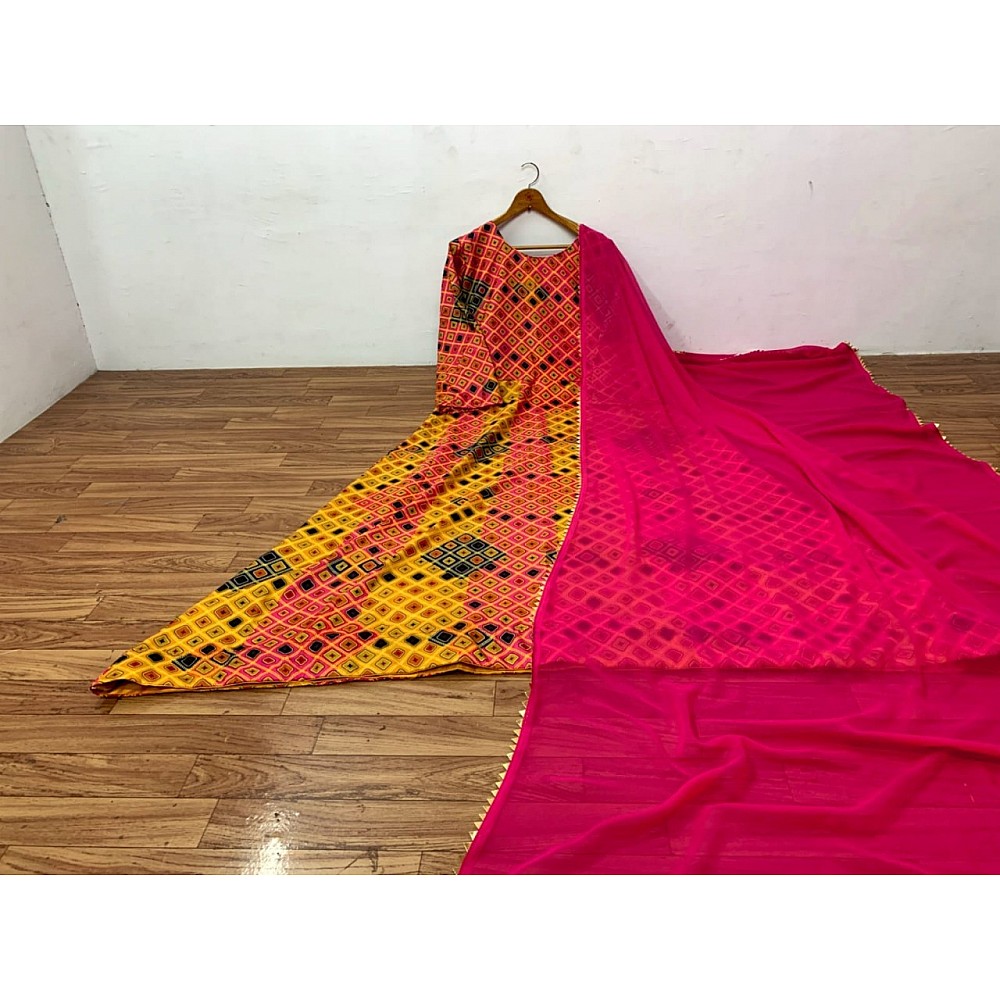 Yellow poly rayon printed long festival gown