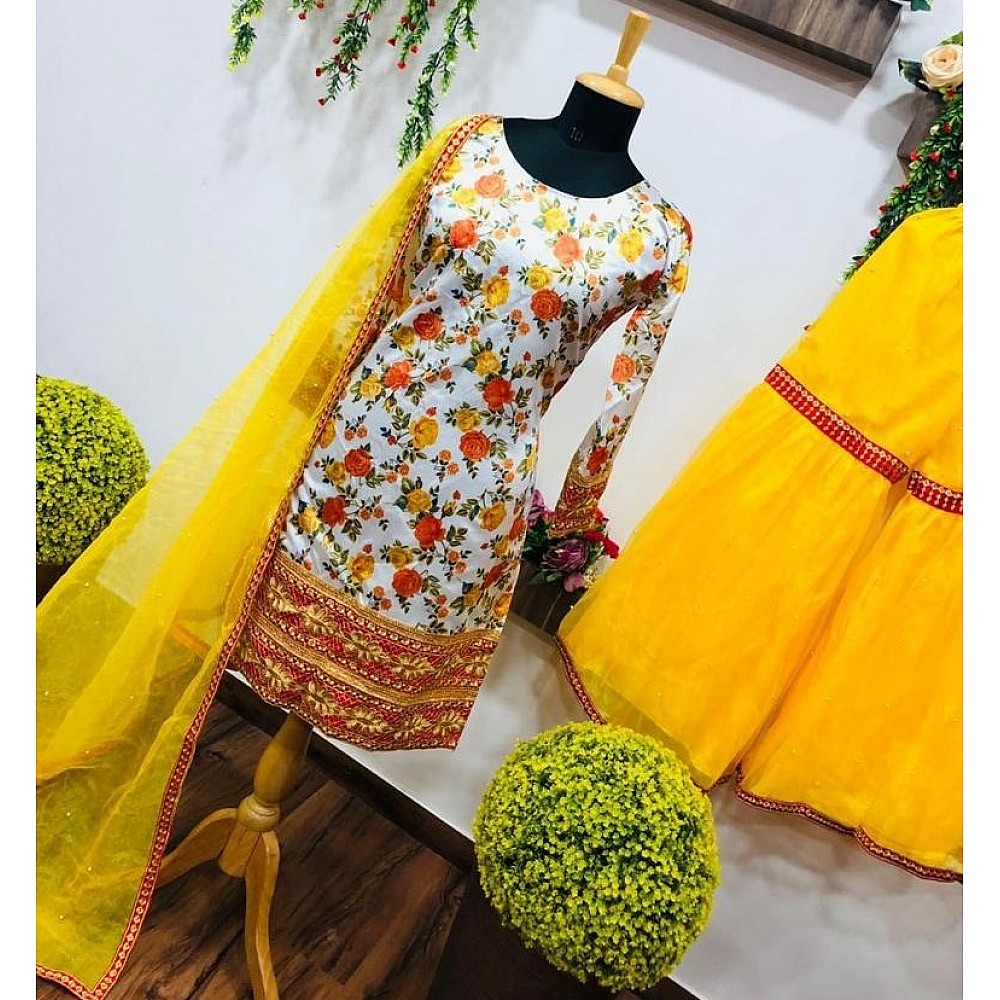 Yellow print and embroidered sharara suit for haldi ceremony