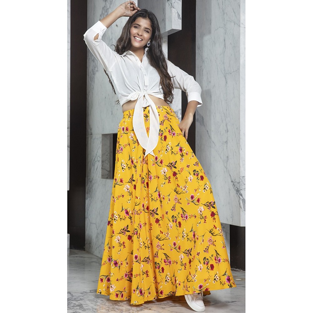 Yellow rayon flower printed party wear crop top