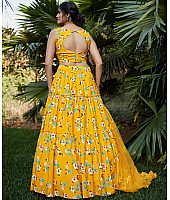 Yellow silk crepe flower printed party wear lehenga choli