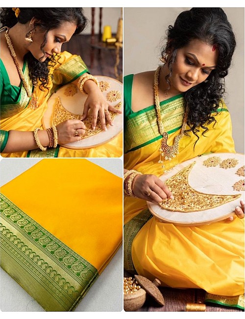 Yellow silk jacquard weaving wedding saree