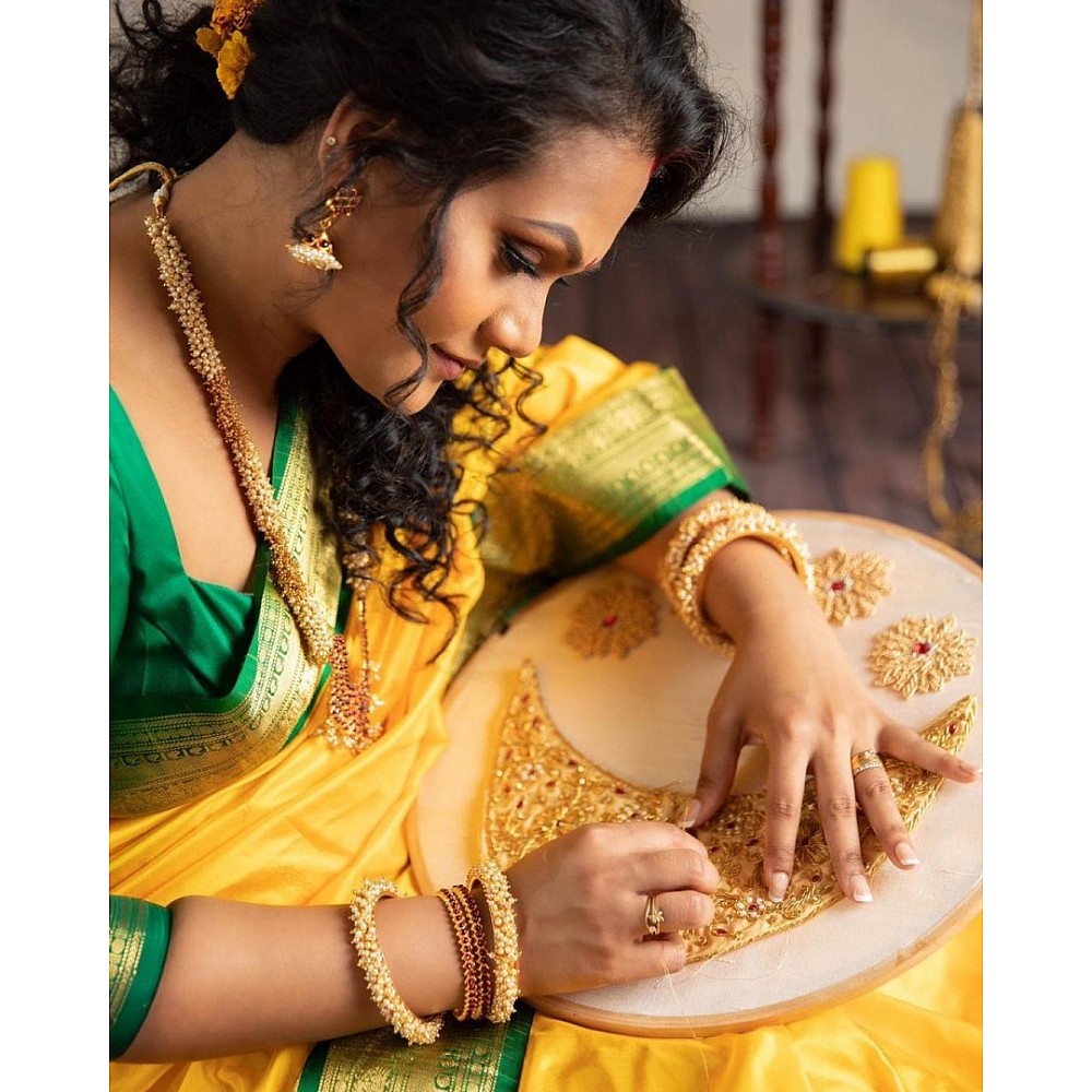 Yellow silk jacquard weaving wedding saree