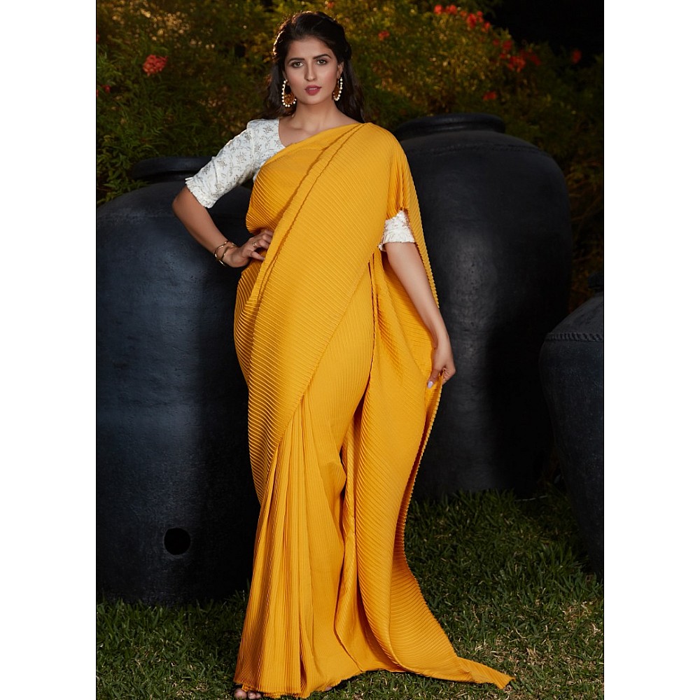 Yellow silk platting work party wear designer saree - Fa ...
