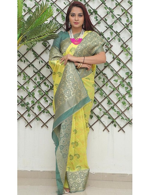 Yellow soft lichi silk jacquard jari work wedding wear saree