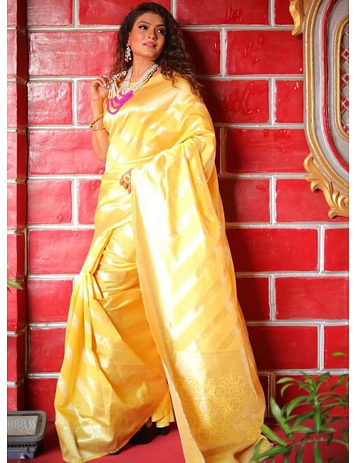 Yellow soft lichi silk jacquard weaving work wedding saree