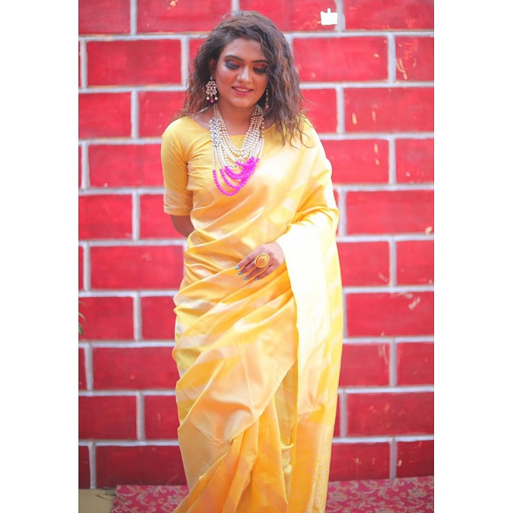 Yellow soft lichi silk jacquard weaving work wedding saree