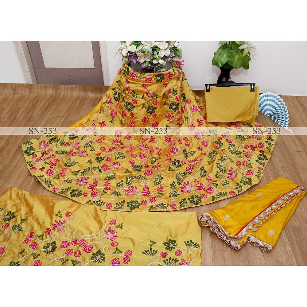 Yellow tafeta silk embroidered wedding lehenga choli