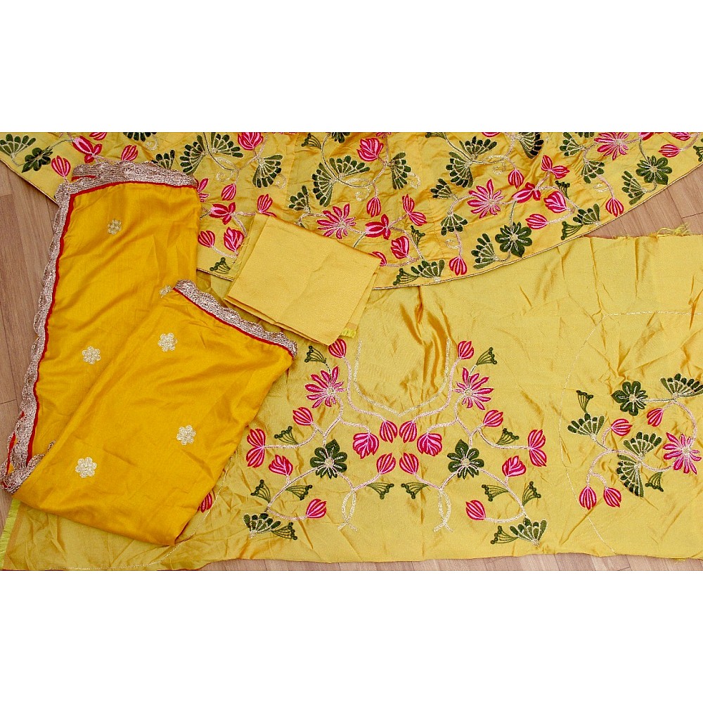 Yellow tafeta silk embroidered wedding lehenga choli