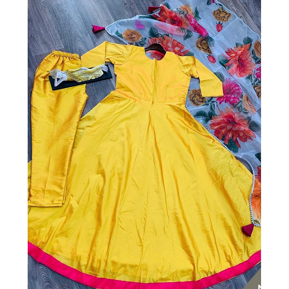 Yellow taffeta silk long gown with bottom and dupatta