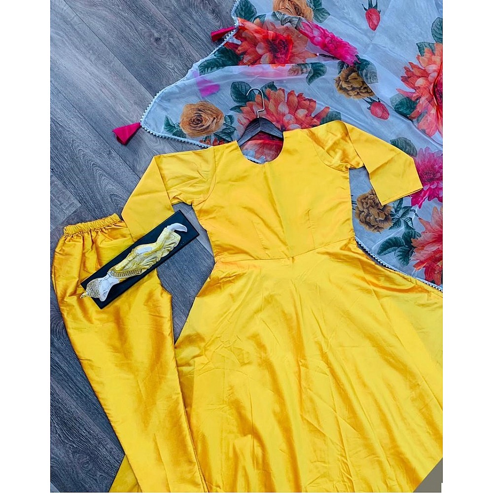Yellow taffeta silk long gown with bottom and dupatta