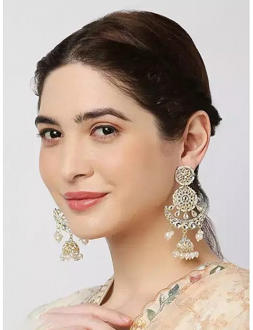 Alloy gold plated kundan pearl jhumka earrings