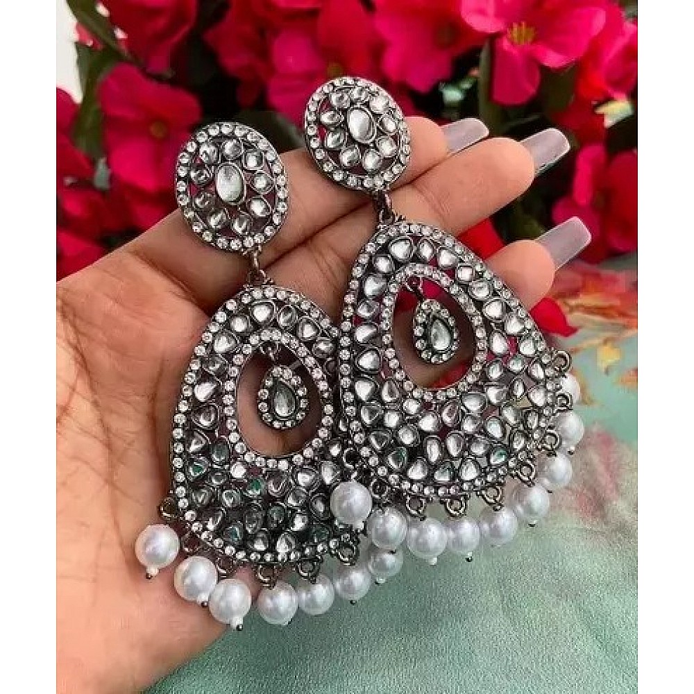 Alloy oxidised silver kundan jhumka earrings