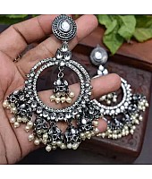 Alloy oxidised silver kundan pearl jhumka earrings
