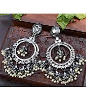 Alloy oxidised silver kundan pearl jhumka earrings