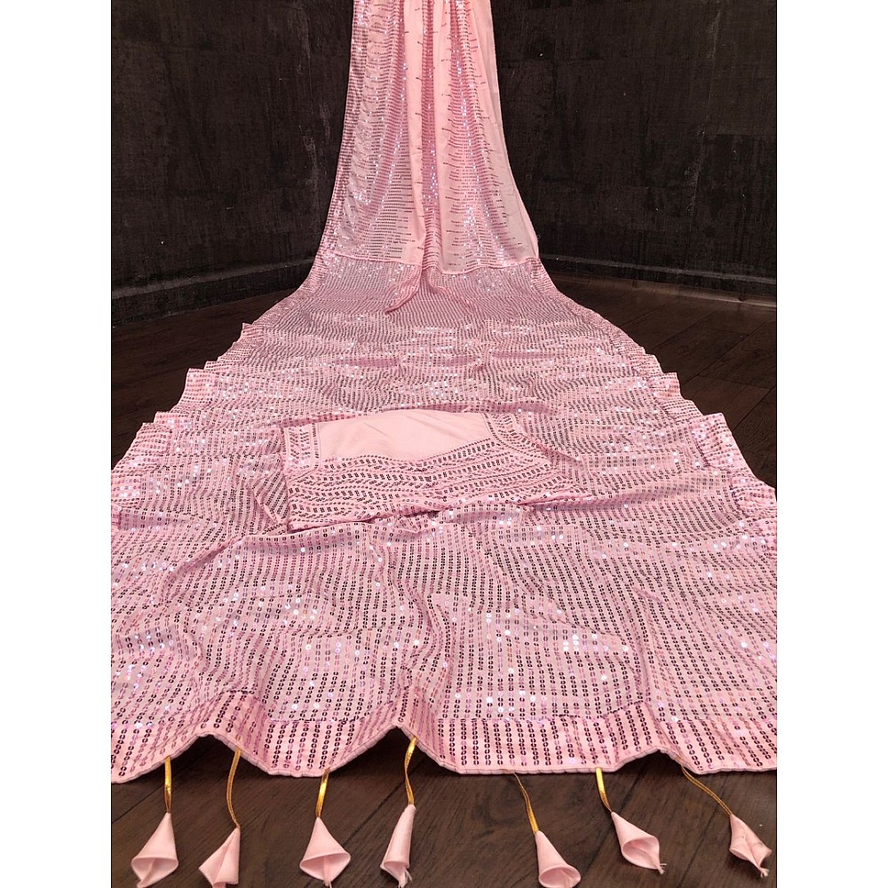 Baby pink crepe silk heavy sequence work saree