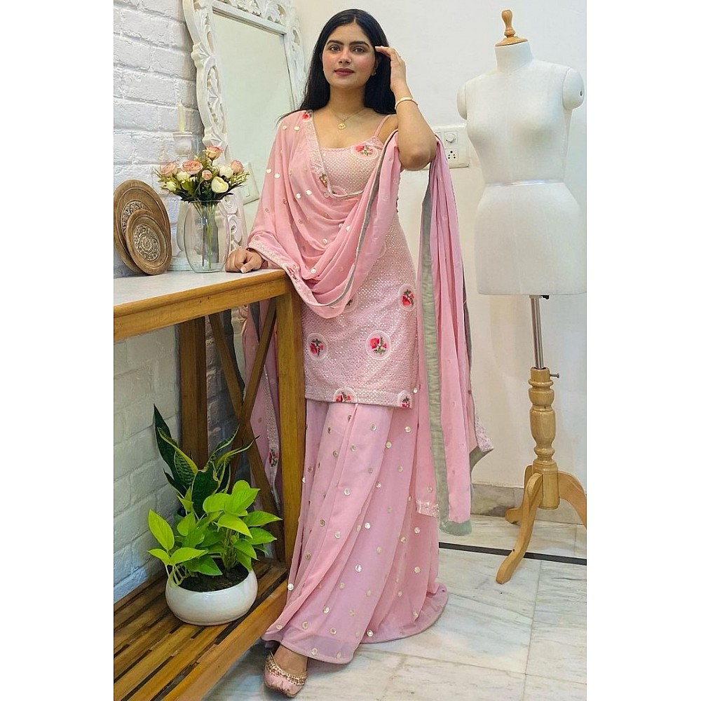Baby pink georgette embroidered plazzo salwar suit