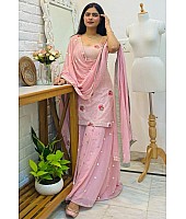 Baby pink georgette embroidered plazzo salwar suit