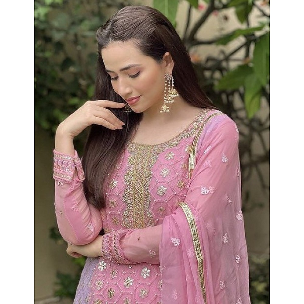 Baby pink georgette embroidery worked salwar suit