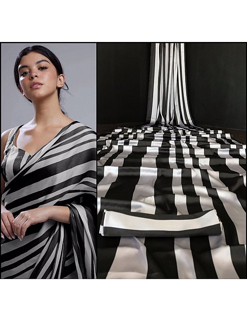 Black and grey stripe printed party wear saree
