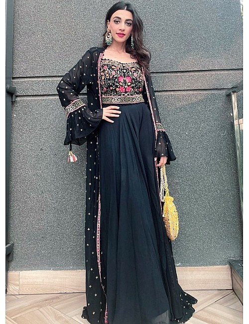 Black georgette embroidered indowestern plazzo suit with shrug 