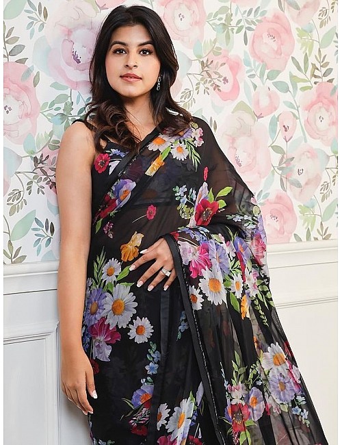 Black georgette flower printed party wear saree