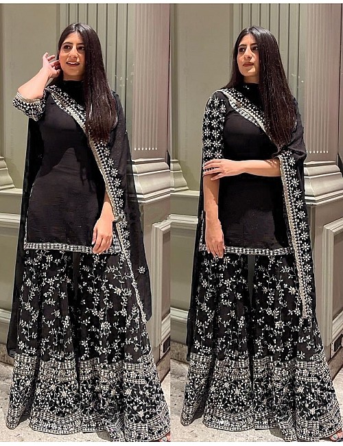 Black georgette heavy embroidered plazzo suit