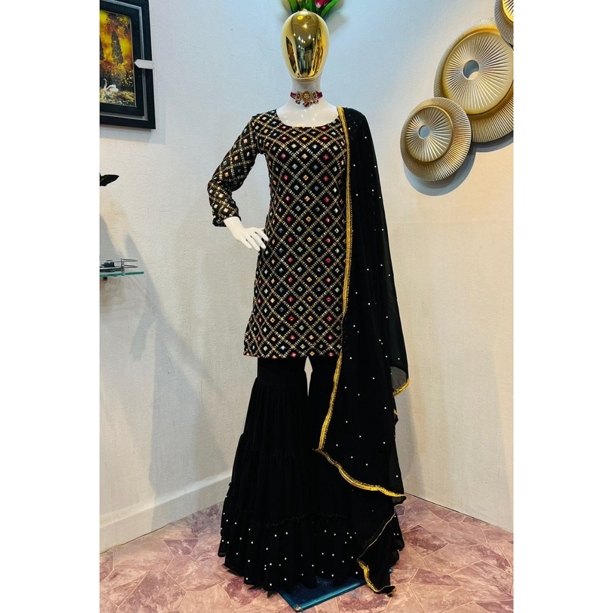 Black georgette heavy sequence embroidered sharara suit