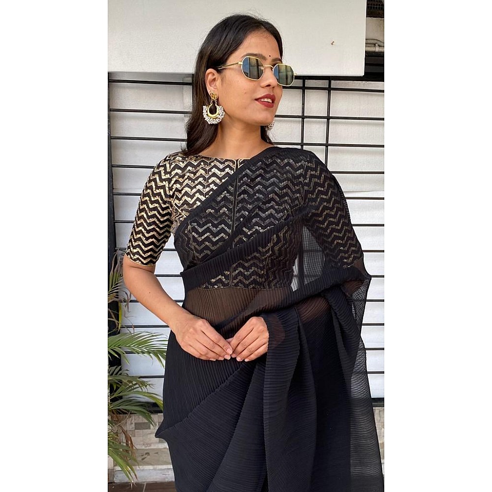 Black georgette pleated partywear saree with heavy sequence work blouse