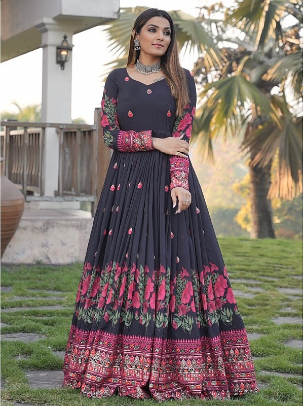 Trending Rayon Floral Printed Black Anarkali Gown Style Long Kurta with  latkan