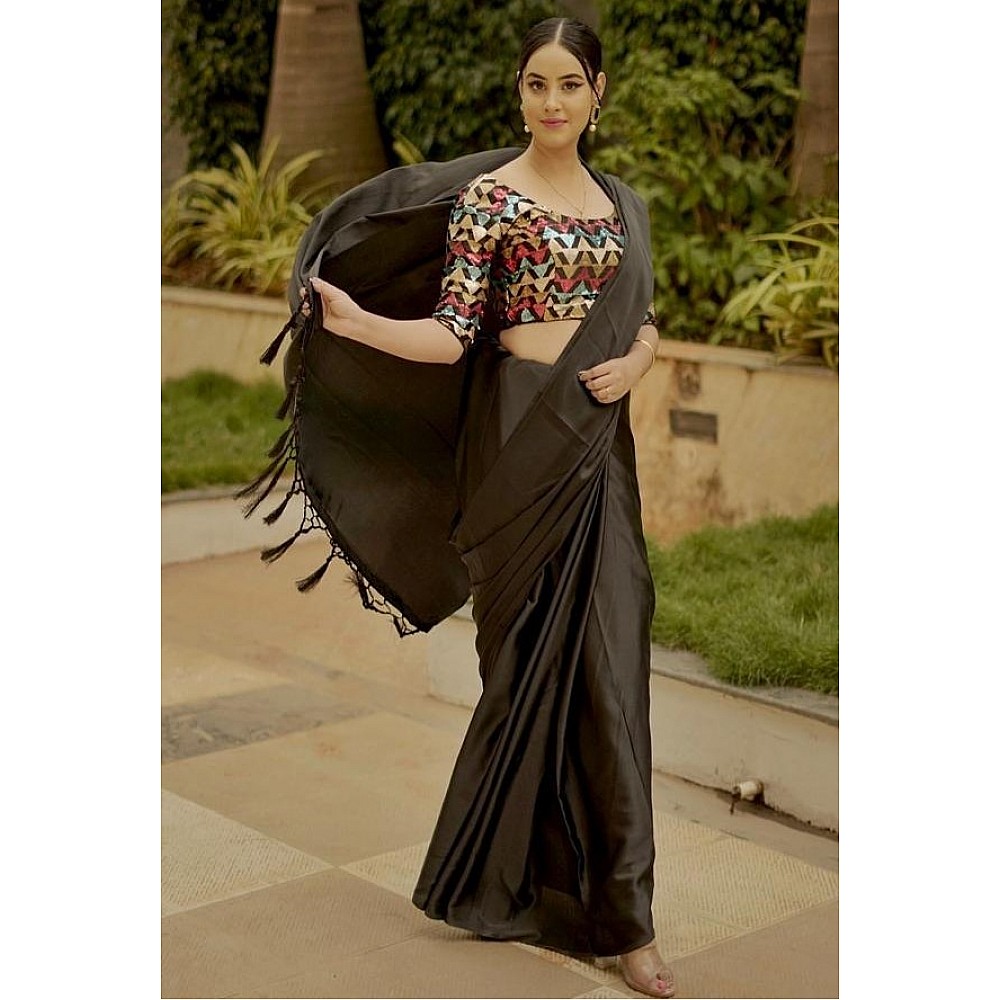 Black japan satin plain partywear saree with heavy sequence blouse