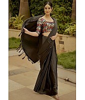 Black japan satin plain partywear saree with heavy sequence blouse