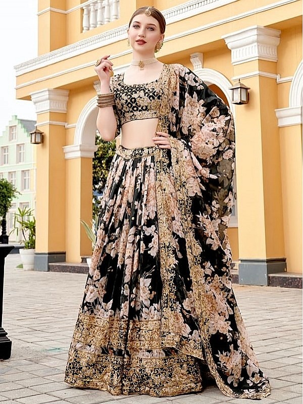 Gold Color Banarasi Lehenga with Black Blouse - Clothsvilla.