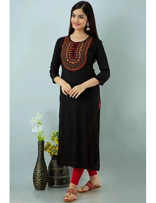 Black rayon embroidered straight kurti