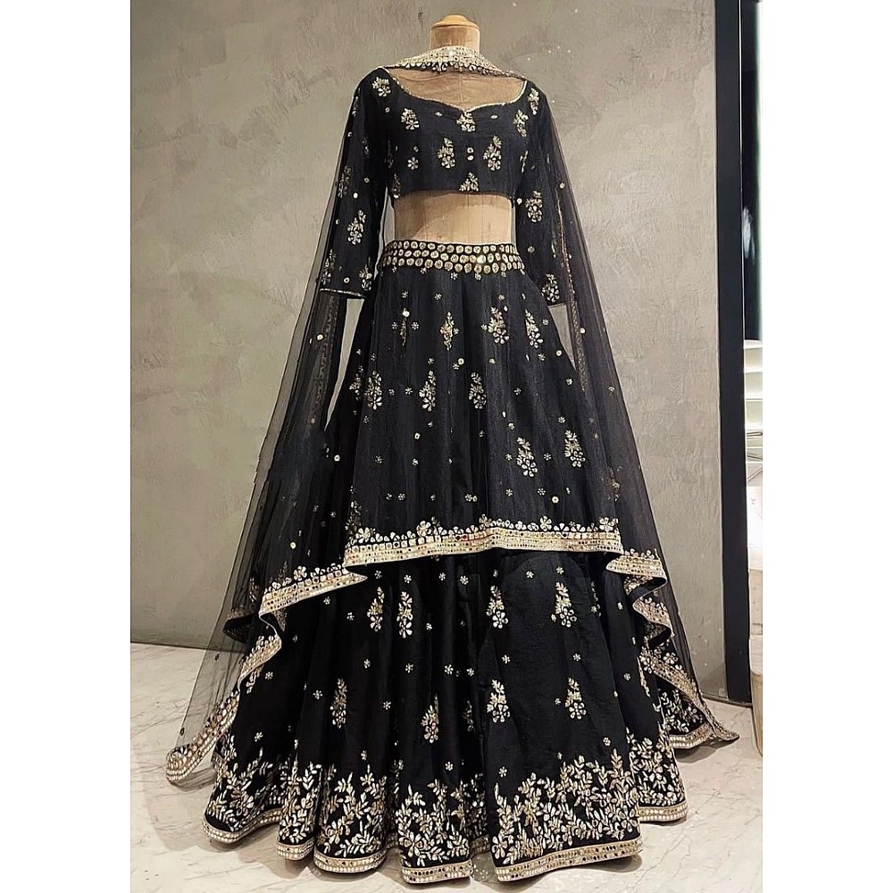 Black slub silk heavy embroidered wedding lehenga choli