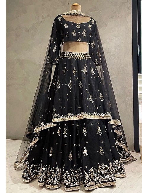 Black slub silk heavy embroidered wedding lehenga choli