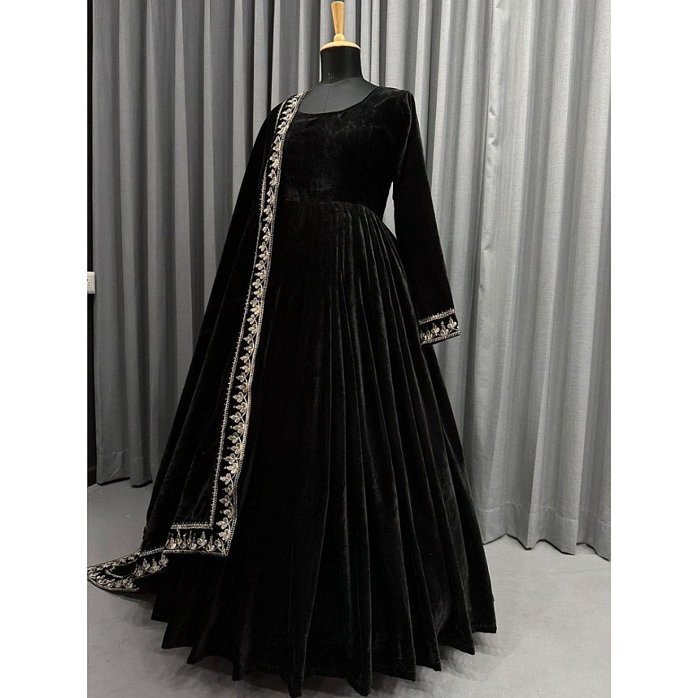 Black velvet embroidery worked long gown