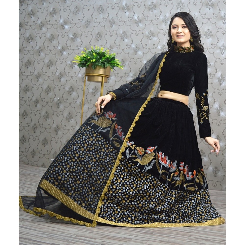 Black velvet heavy embroidered lehenga choli