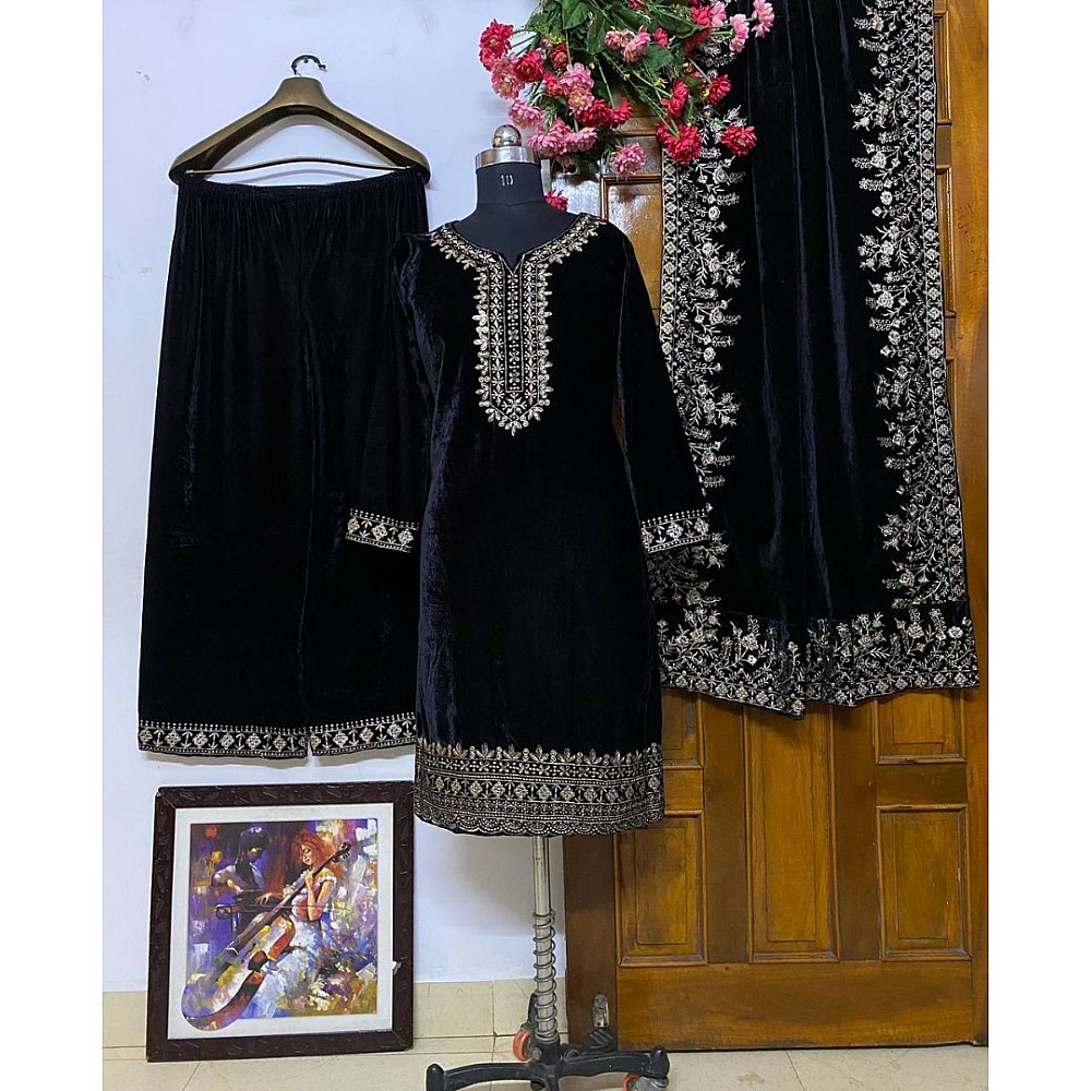 Black velvet heavy embroidery worked plazzo suit