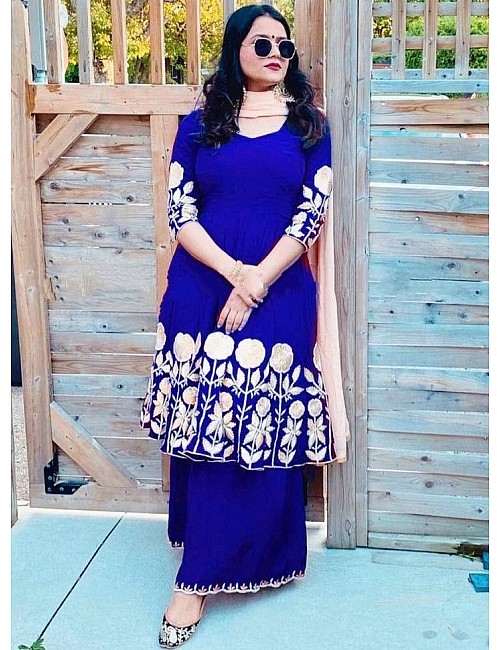 Blue georgette embroidered plazzo suit
