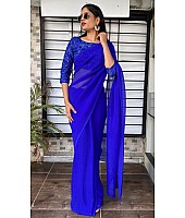 Blue georgette pleated partywear saree with heavy sequence work blouse
