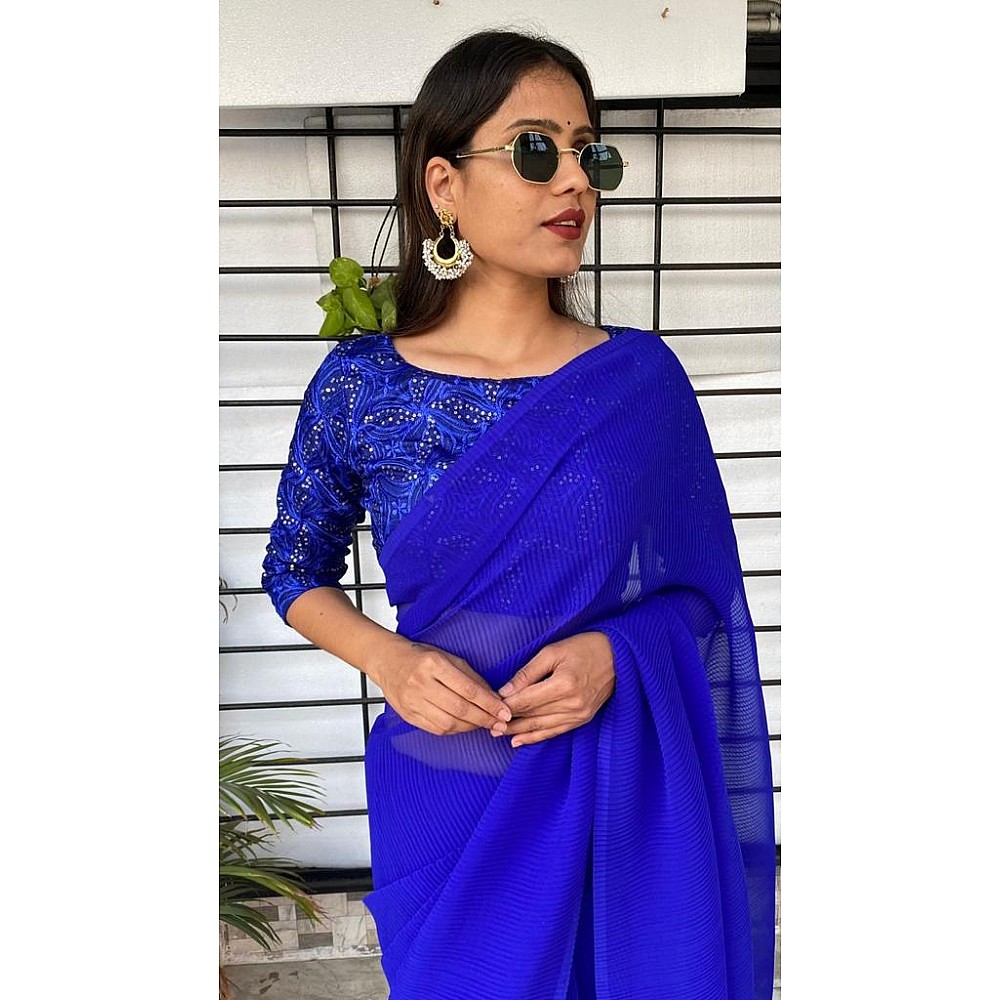 Blue georgette pleated partywear saree with heavy sequence work blouse