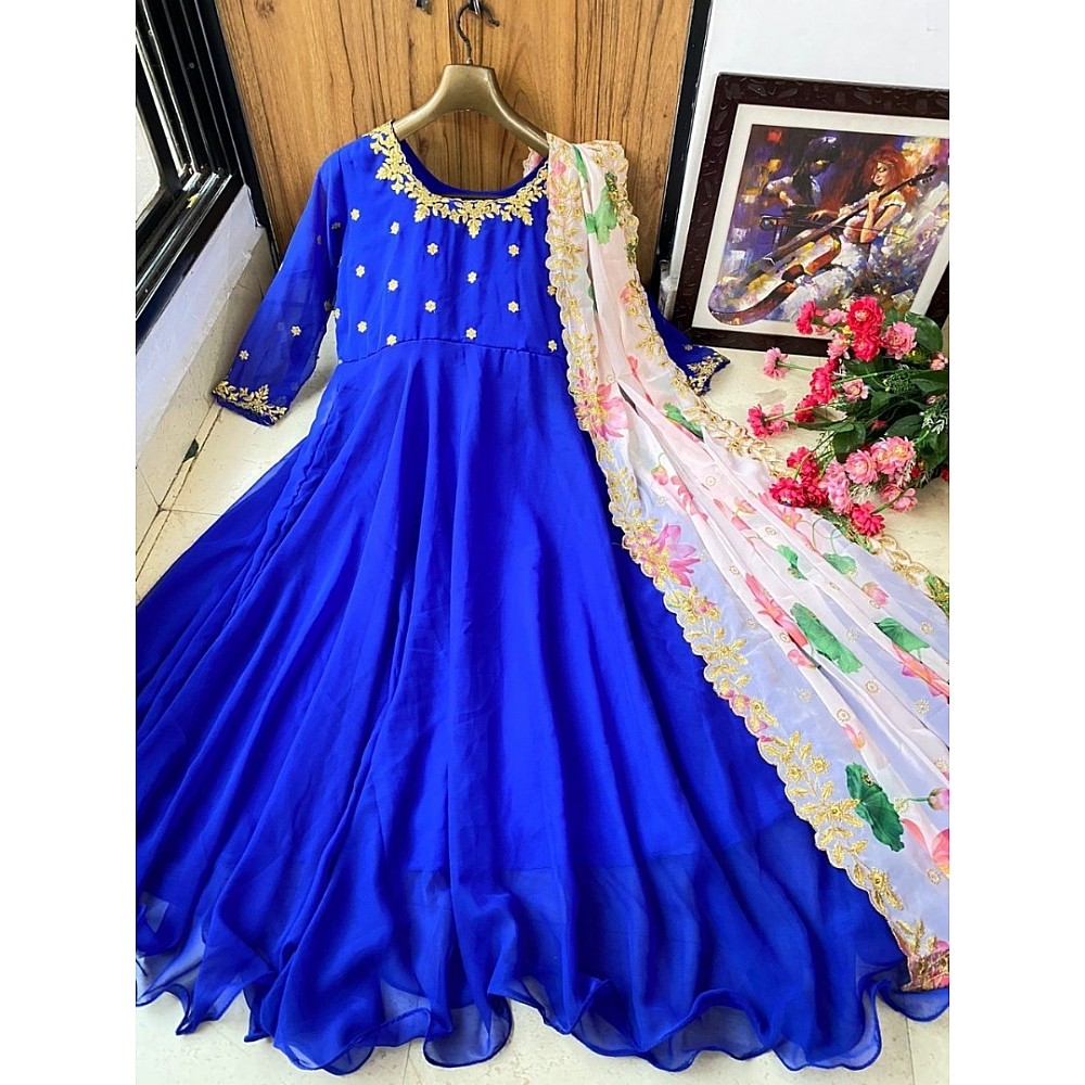 Blue georgette unbrella flair long gown with printed dupatta