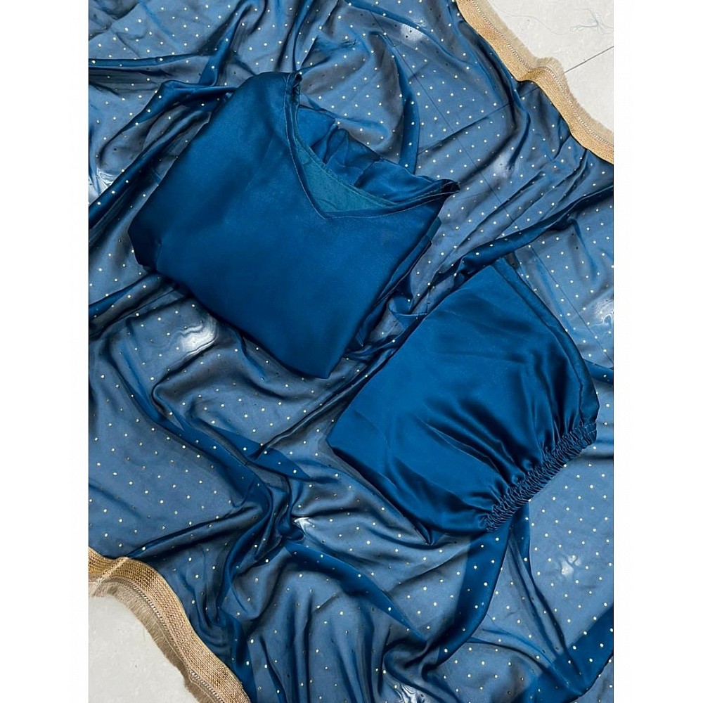 Blue rangoli satin plain partywear anarkali suit