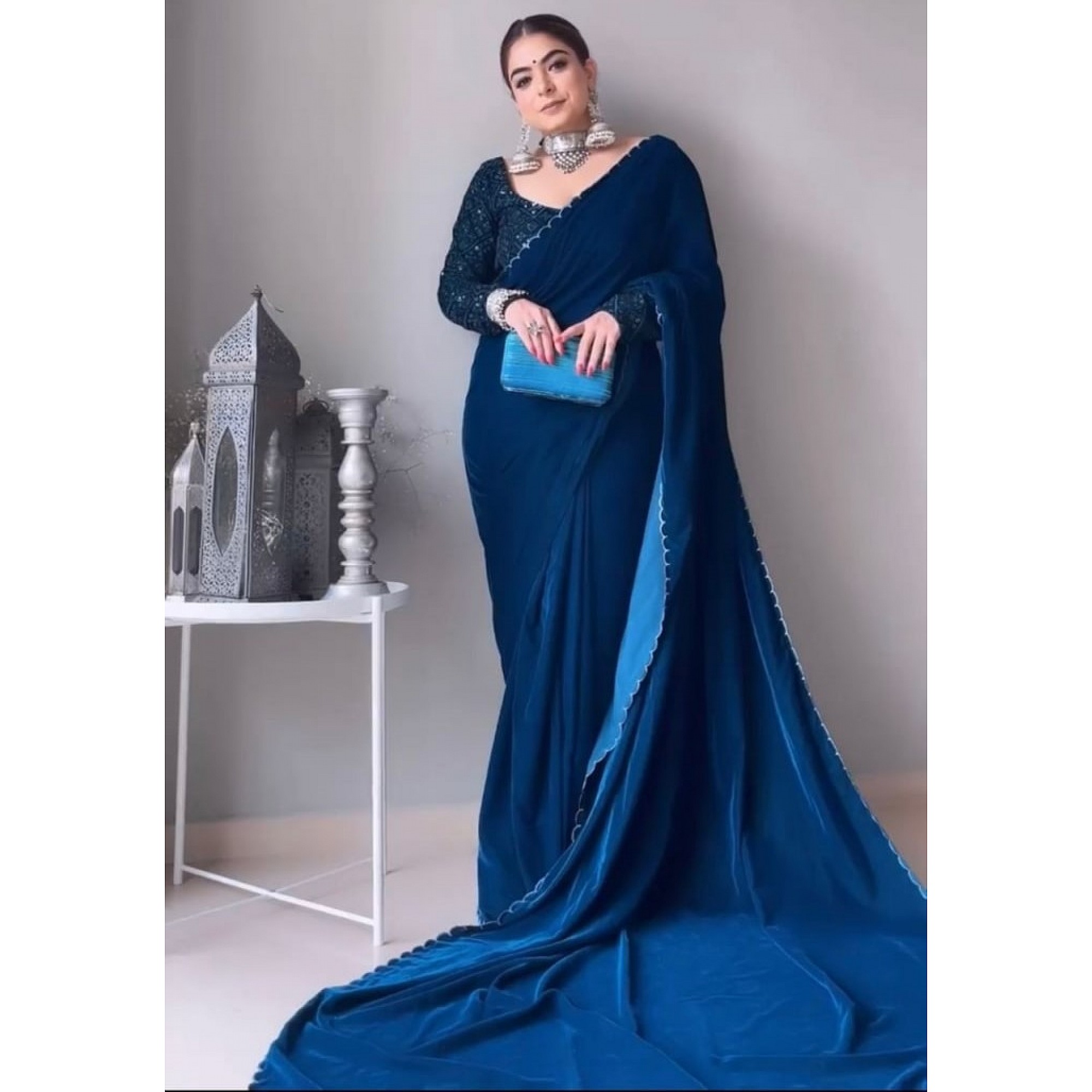 Blue velvet plain party wear designer saree