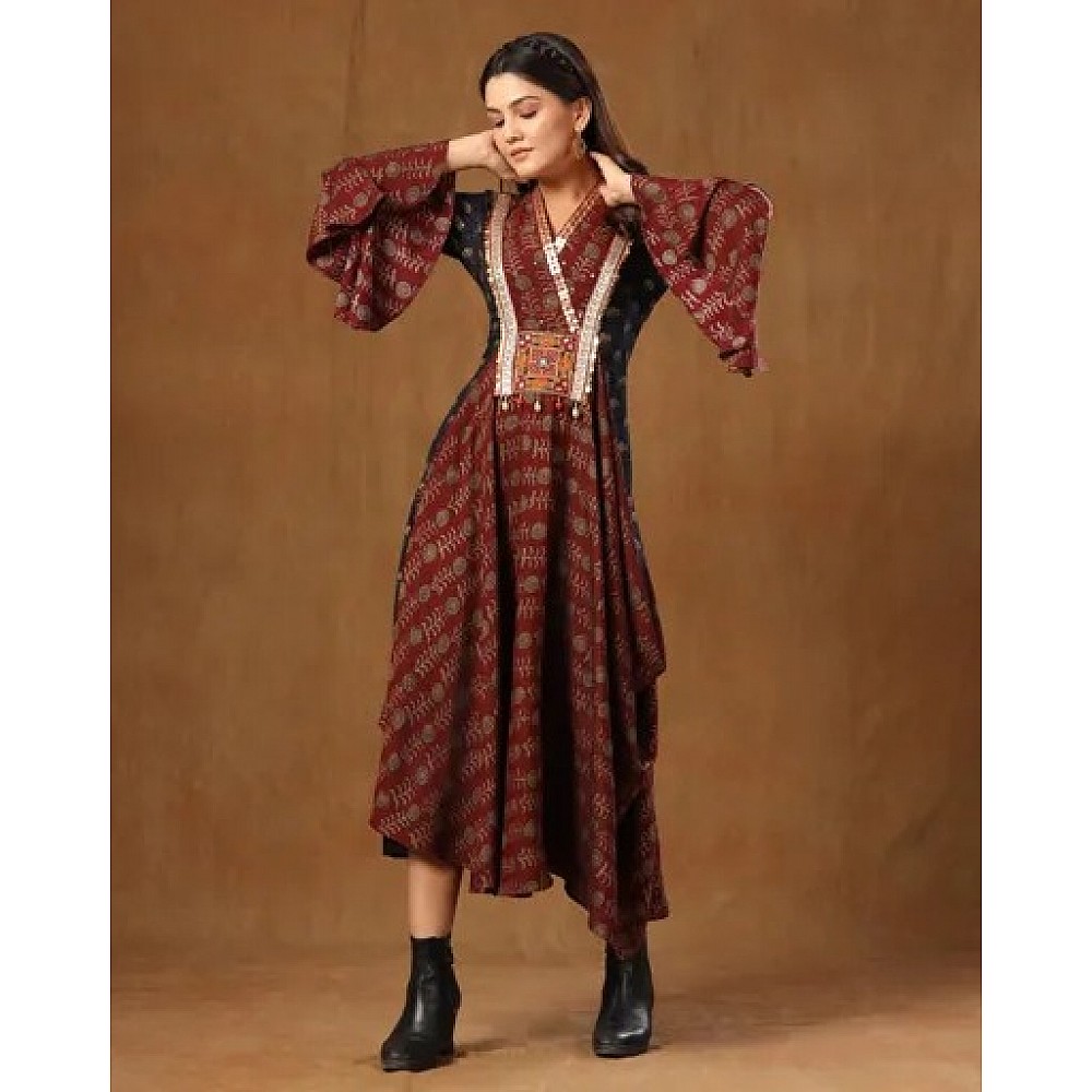 Brown silk printed flared designer kurti