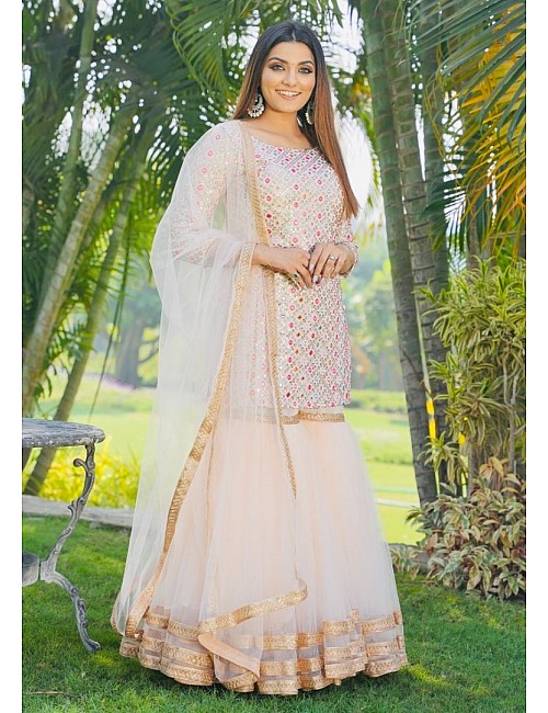 Cream thread and sequence embroidered sharara suit